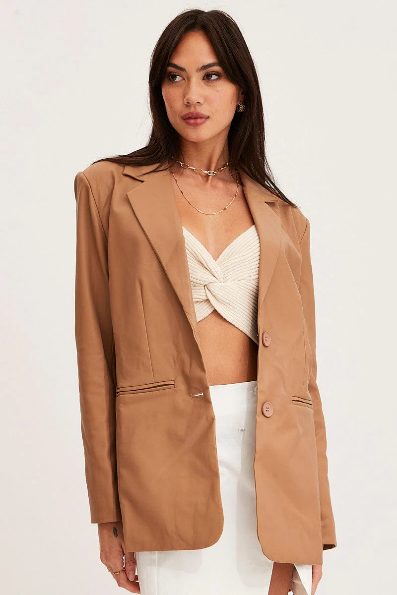 Beige Faux Leather Jacket Long Sleeve