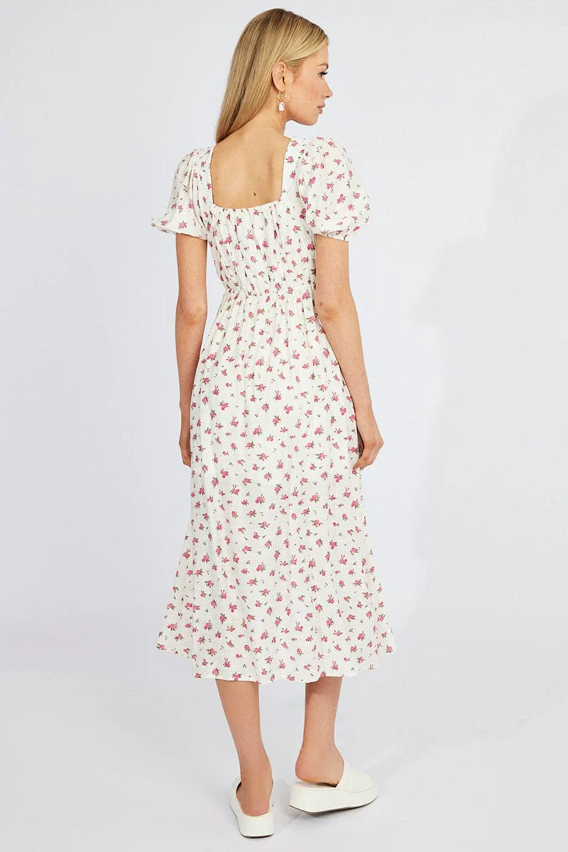 White Floral Midi Dress Puff Sleeve Midi