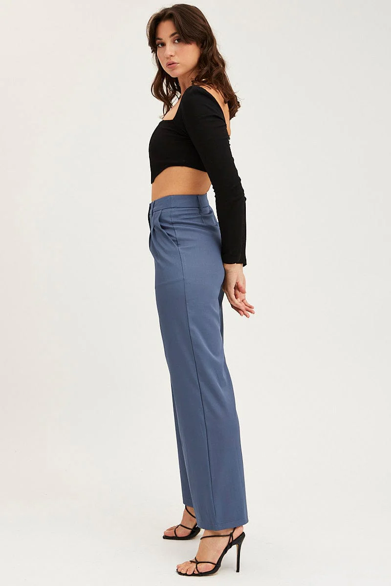 Blue Pants Pleats Detail Wide Leg