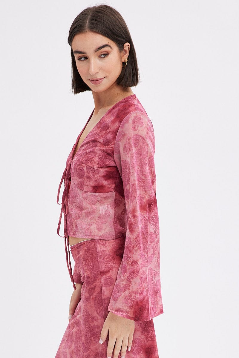 Red Paisley Tie Front Top Long Sleeve V Neck Mesh Flocked
