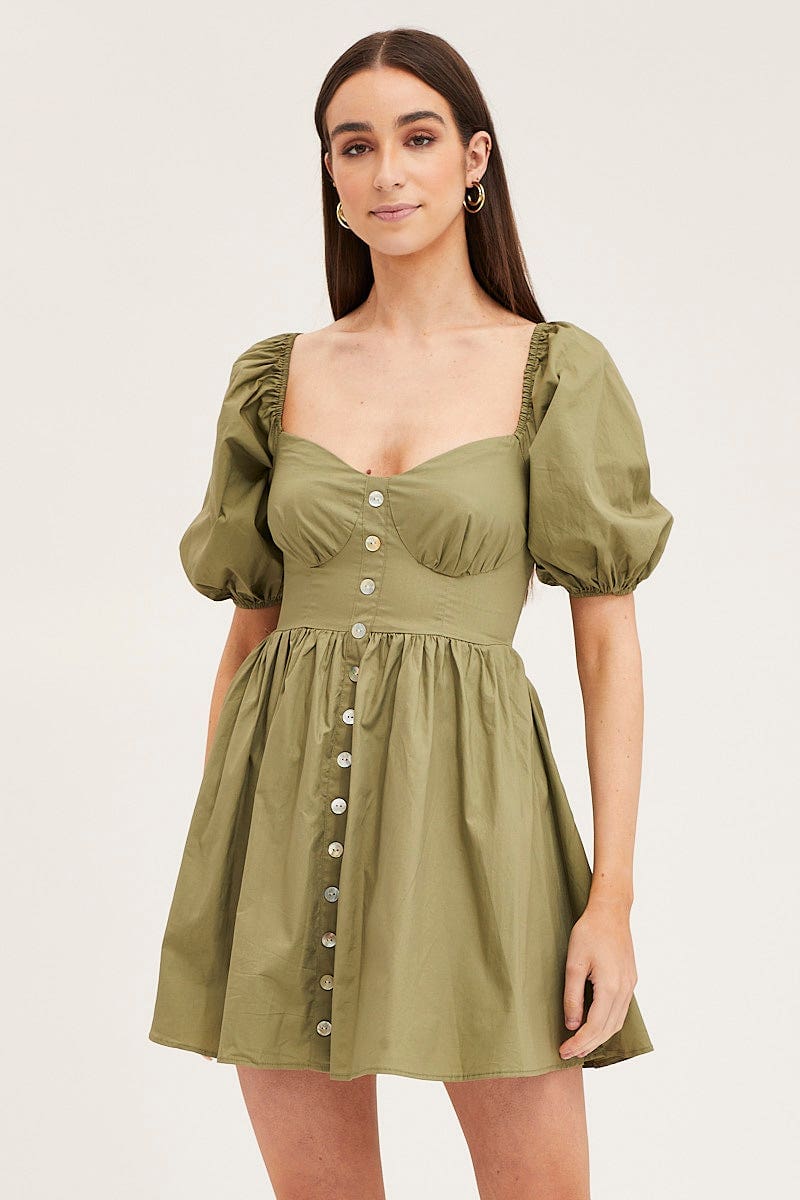 Green Skater Dress Puff Sleeve Mini Sweet Heart Neck