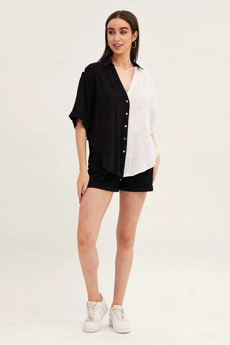 Black Mono Cotton Half Sleeve Relaxed Shirt
