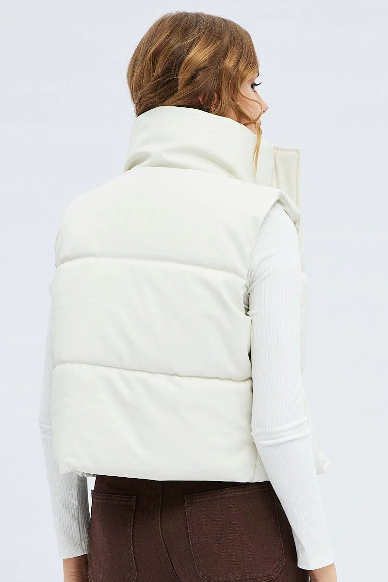 White Puffer Zip Sleeveless  Faux Leather