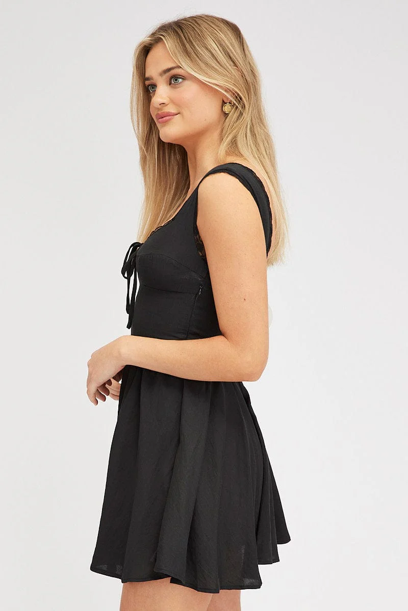 Black Fit and Flare Dress Sleeveless Lace Trim