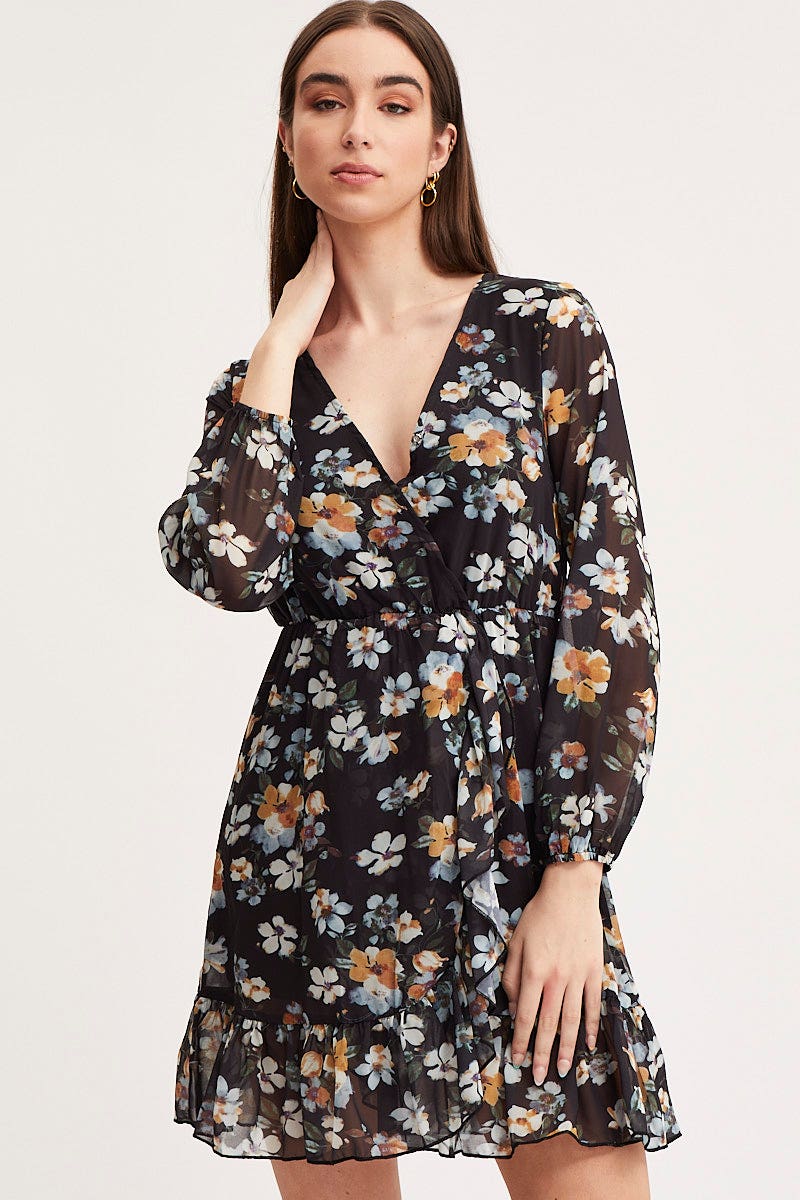 Print Mini Dress Long Sleeve V Neck