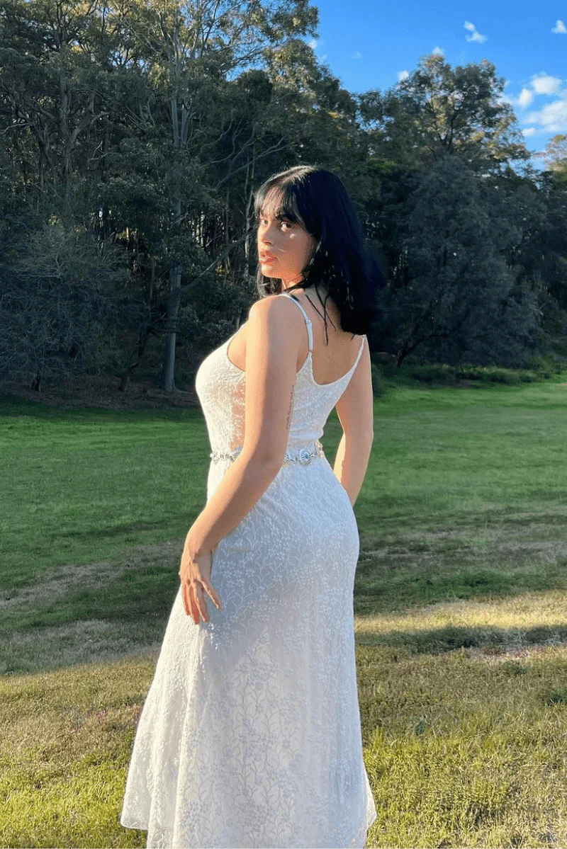 White Maxi Dress Sleeveless Scoop Neck Flare Hem Lace