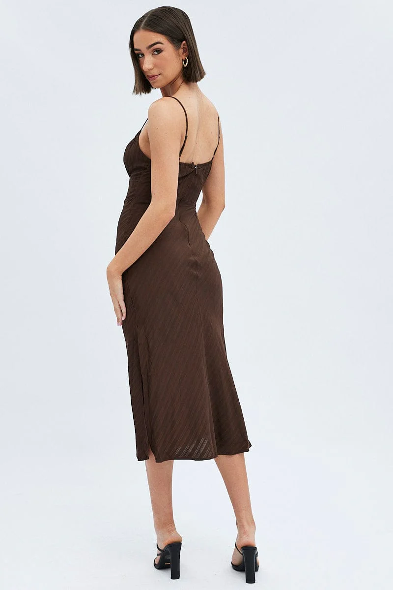 Brown Maxi Dress Sleeveless Ruched Bust Self Check