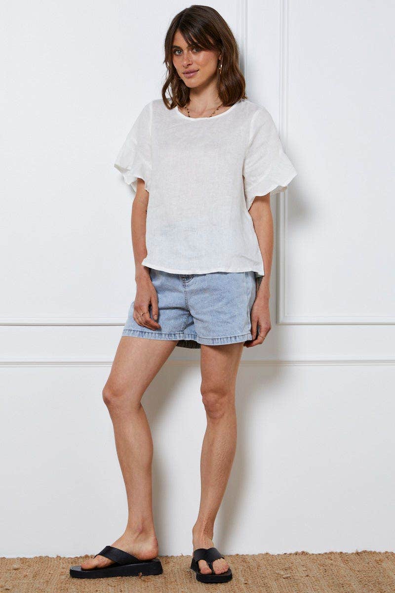 White Crop Top Short Sleeve Relaxed Linen