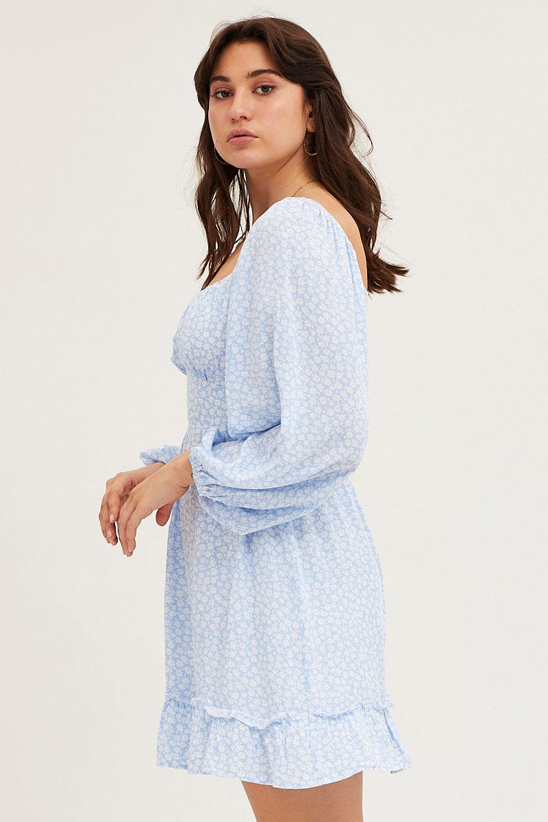 Daisy Print Long Sleeve A-Line Mini Dress