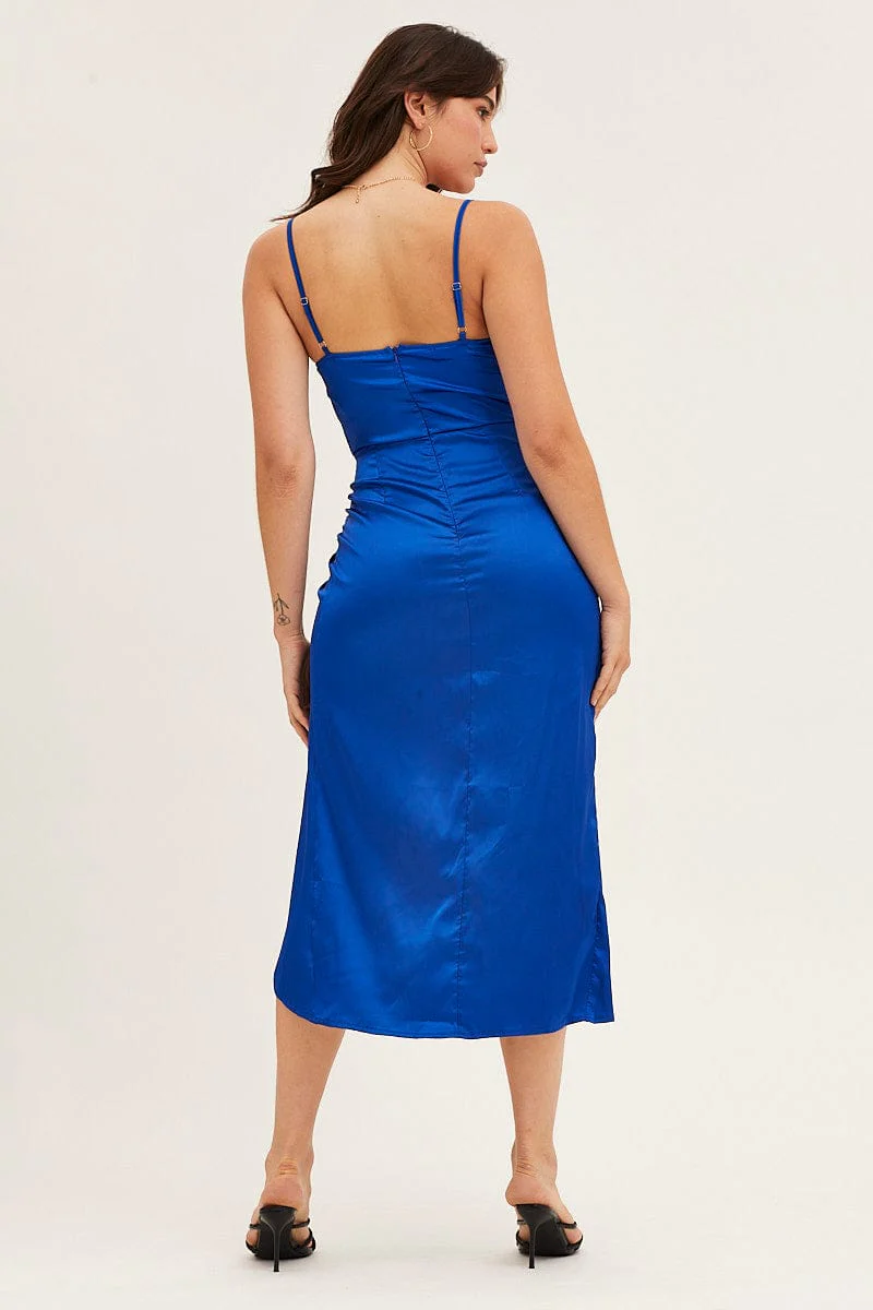 Blue Cowl Neck Party Midi Dress