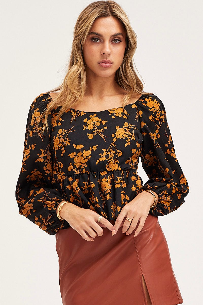 Print Peplum Top Long Sleeve
