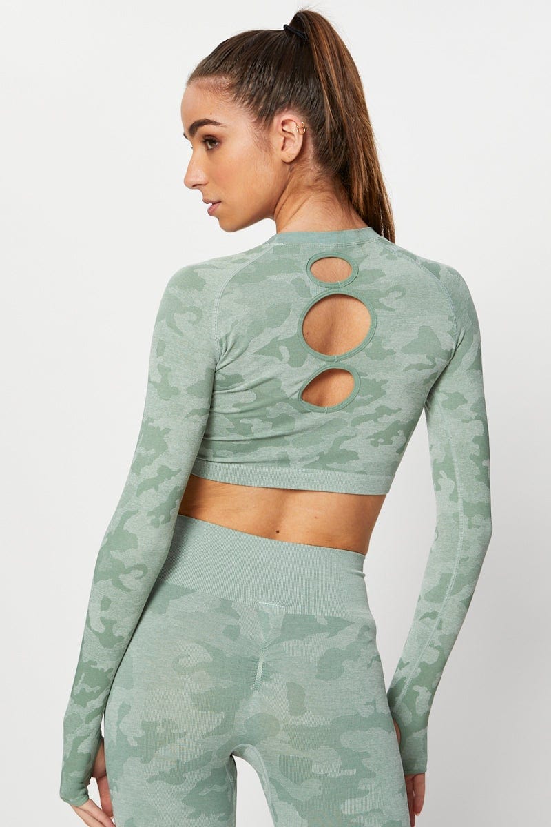 Green Seamless Camo Activewear Long Sleeve Top