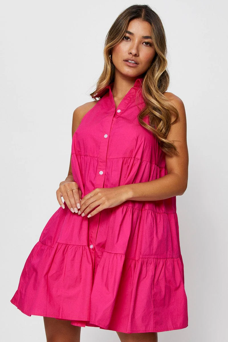 Pink Shirt Dress Sleeveless V Neck