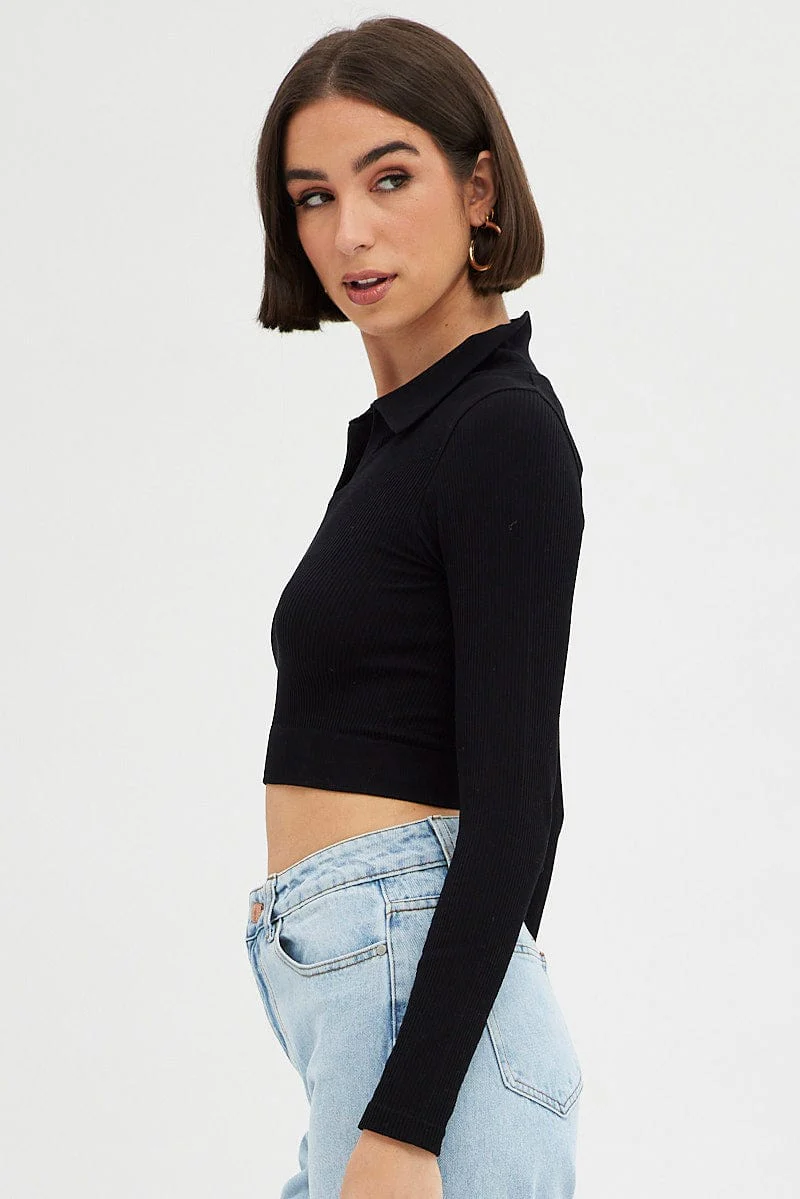 Black Collar Top Long sleeve Seamless