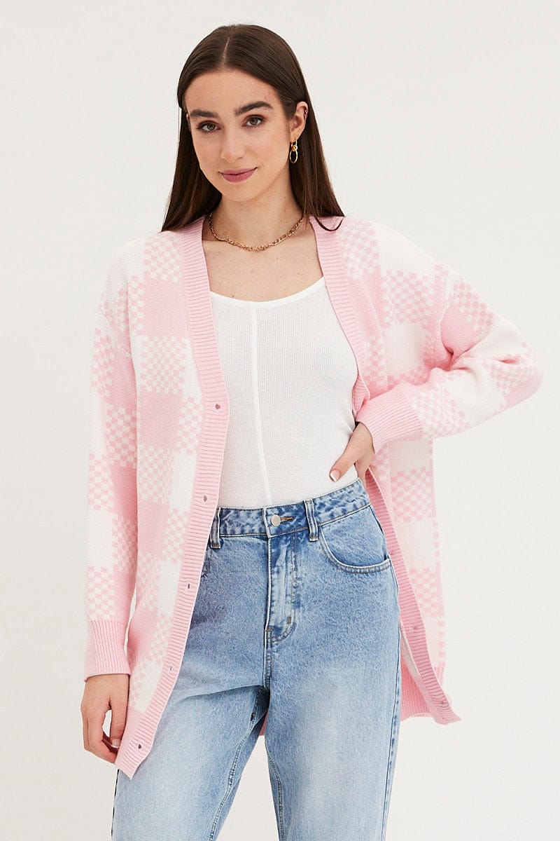 Check Knit Cardigan Long Sleeve Longline