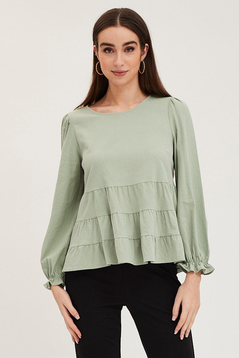 Green Smock Top Long Sleeve