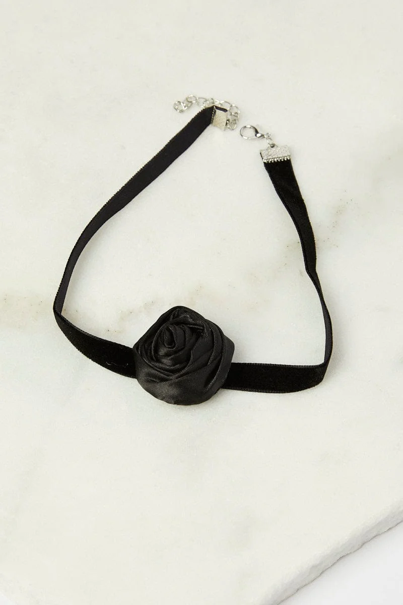 Black Rosette Flower Corsage Rose Choker