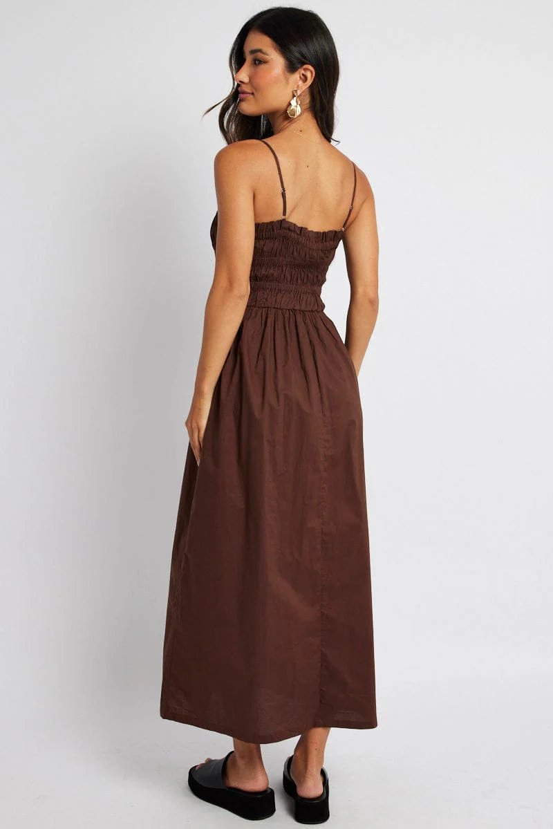 Brown Maxi Dress Sleeveless Shirred