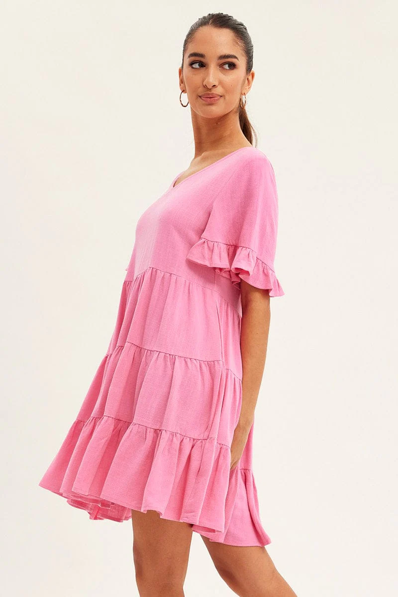 Pink Relaxed Dress Short Sleeve Tiered Linen Blend