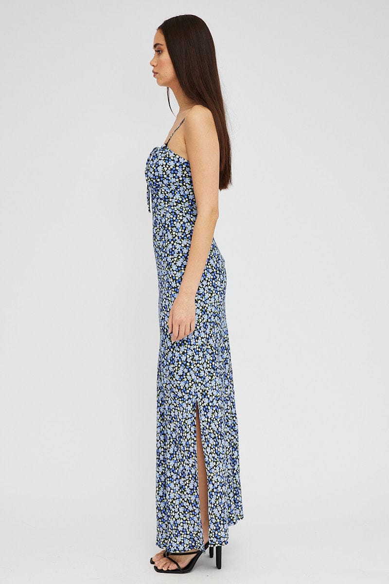 Black Ditsy Midi Dress Gathering Bust Sleeveless