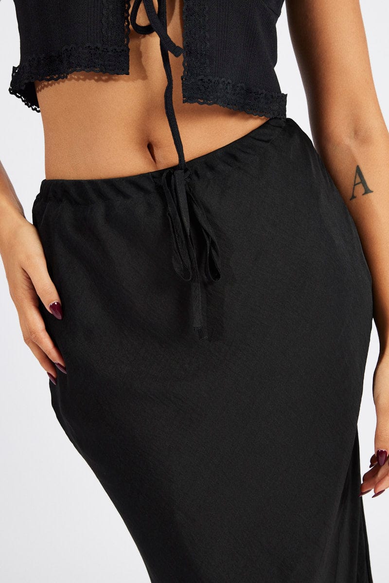 Black Drawstring Satin Maxi Skirt