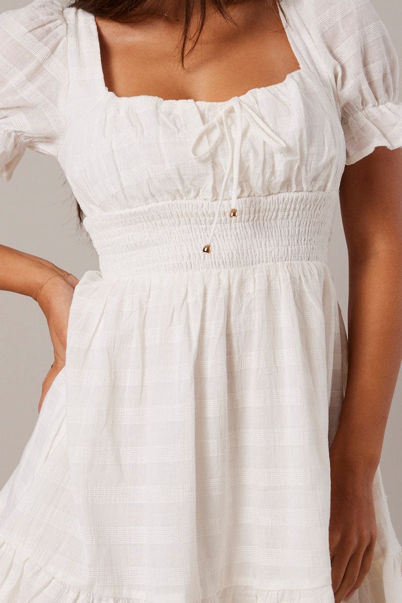 White Fit And Flare Dress Puff Sleeve