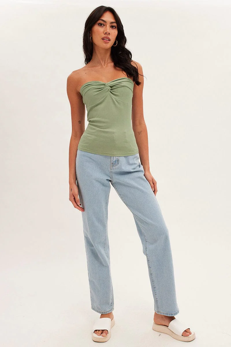 Green Twist Front Ribbed Sleeveless Top