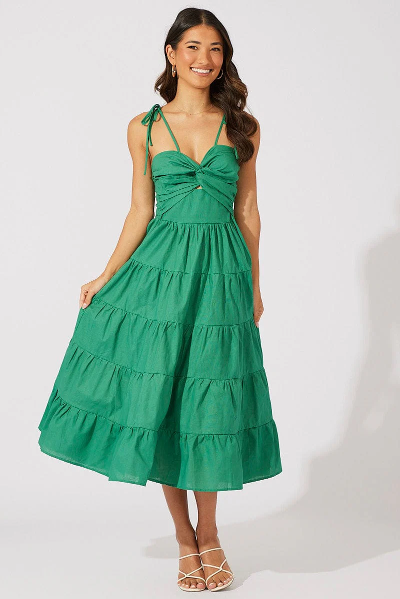 Green Midi Dress Sleeveless Tiered Twist Front