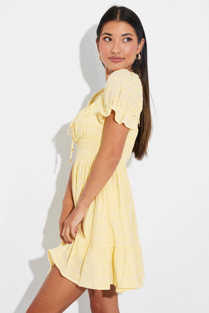 Yellow Fit And Flare Dress Puff Sleeve