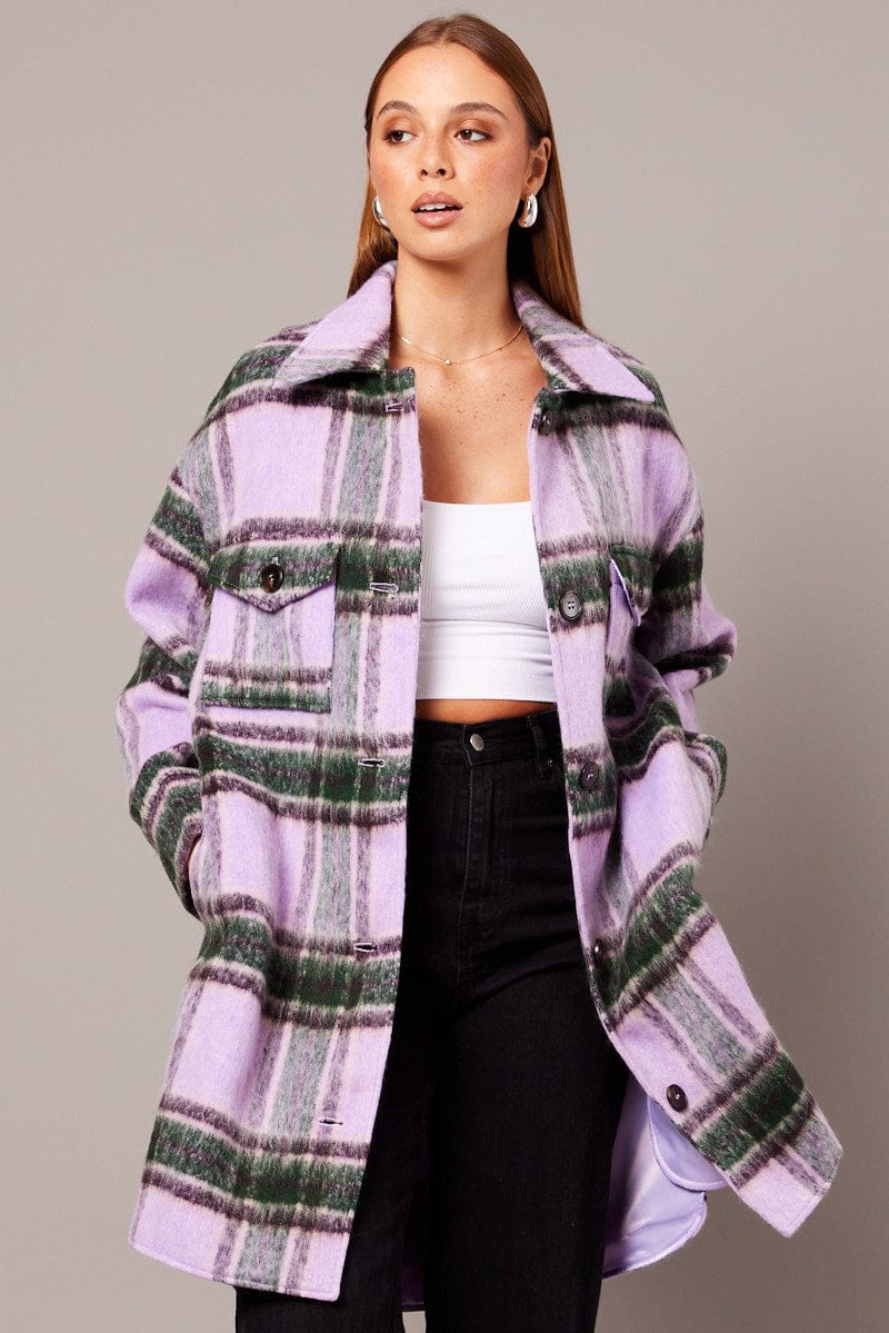 Purple Check Coat Long Sleeve Collared Check Faux Wool