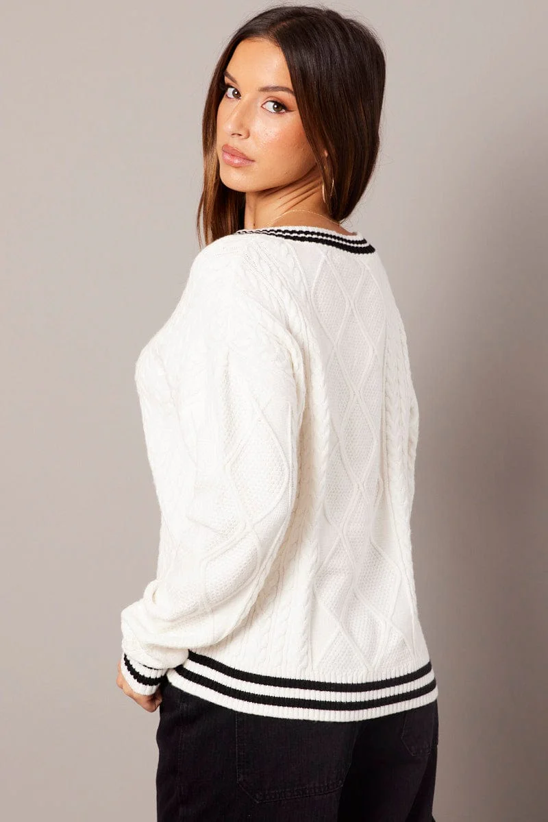 White Knit Top Long Sleeve V-Neck Cable