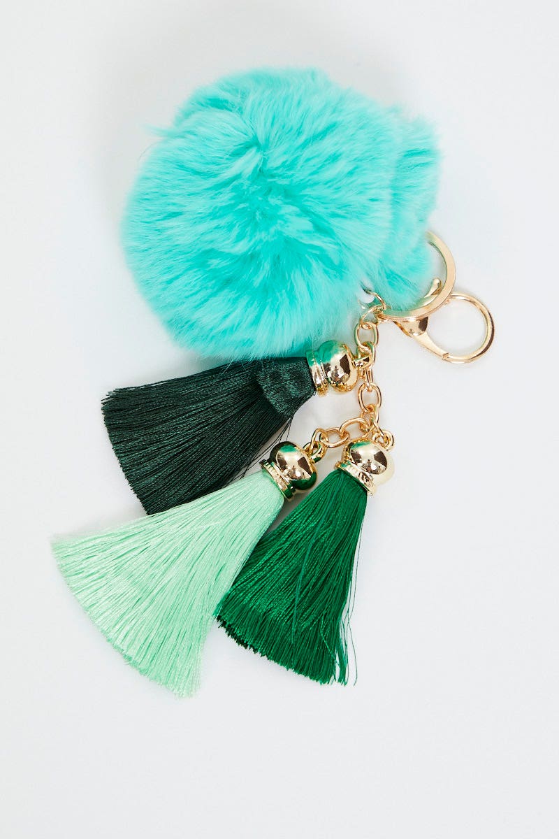 Green Faux Fur With Tassel Key Ring