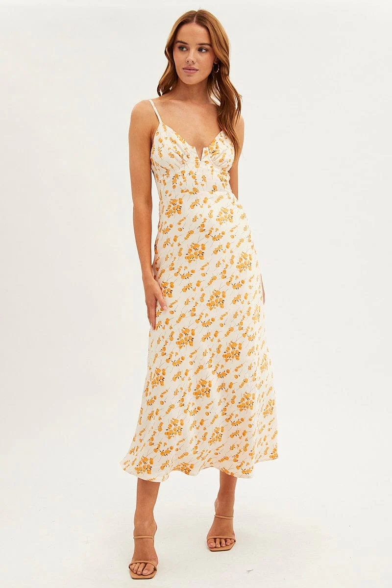 White Floral Midi Dress Sleeveless V-Neck Satin