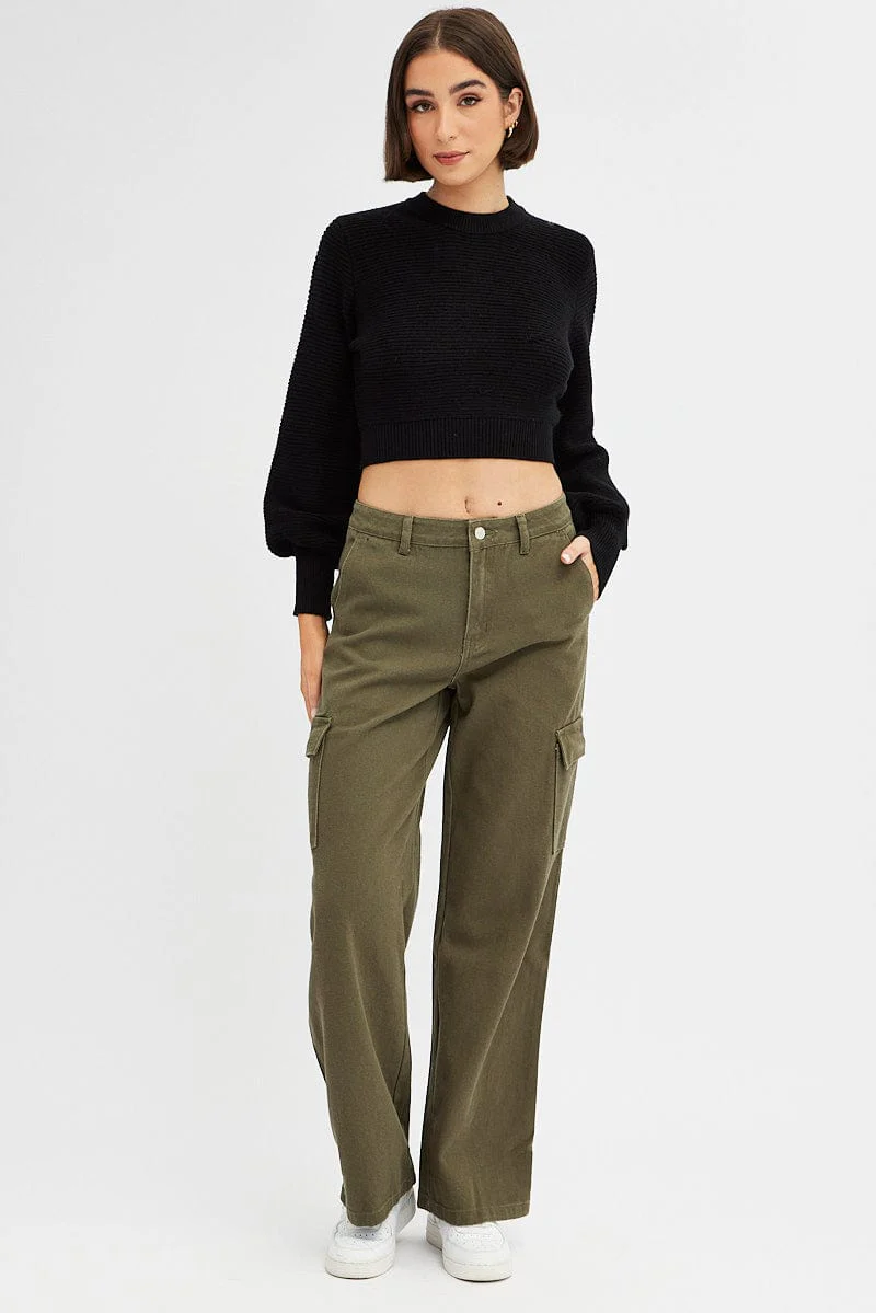Black Knit Top Long Sleeve Crop Round Neck