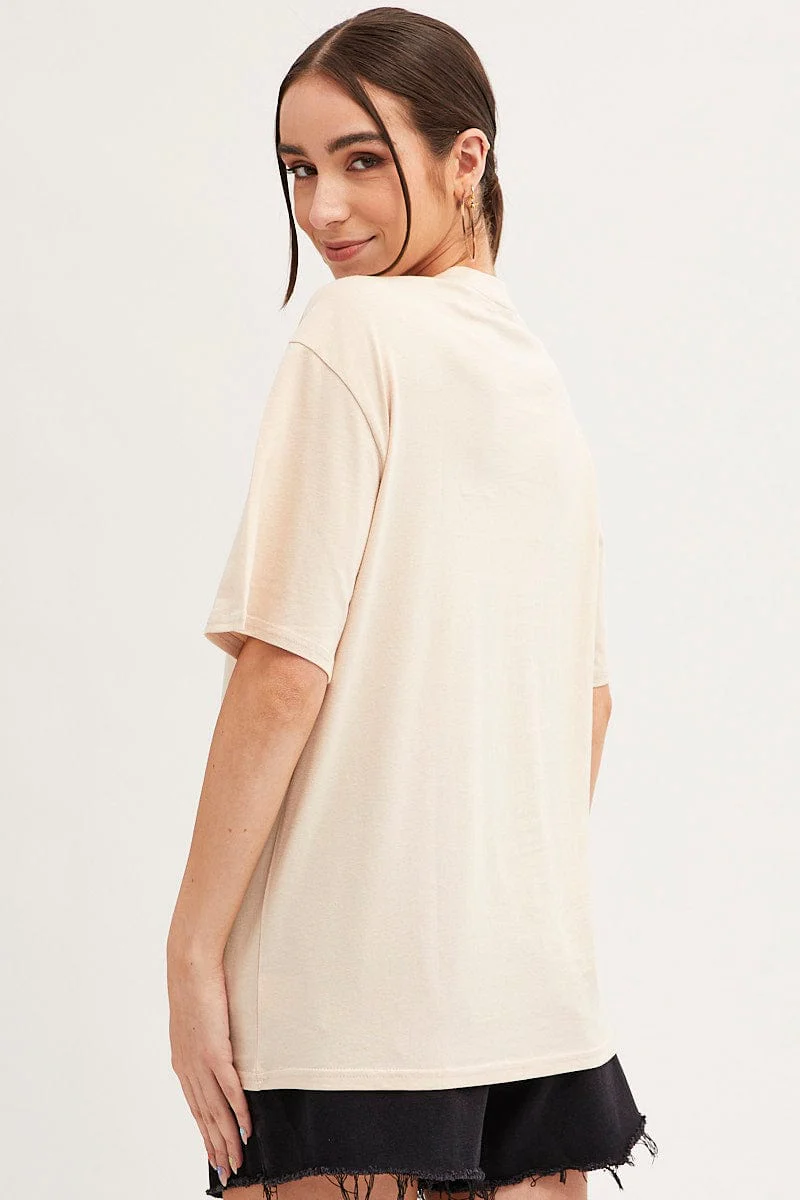 Beige Michigan Graphic T Shirt Short Sleeve Crew Neck