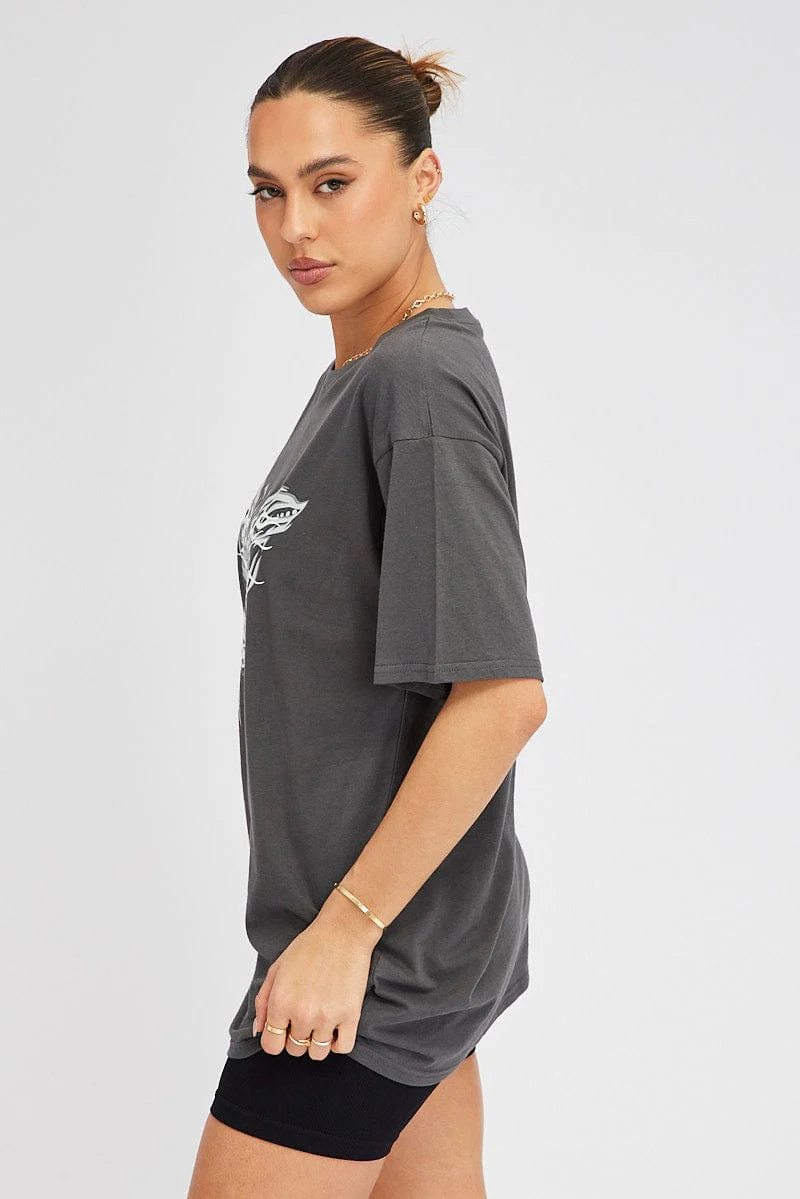 Grey Graphic Tee Short Sleeve Oversized Round Neck