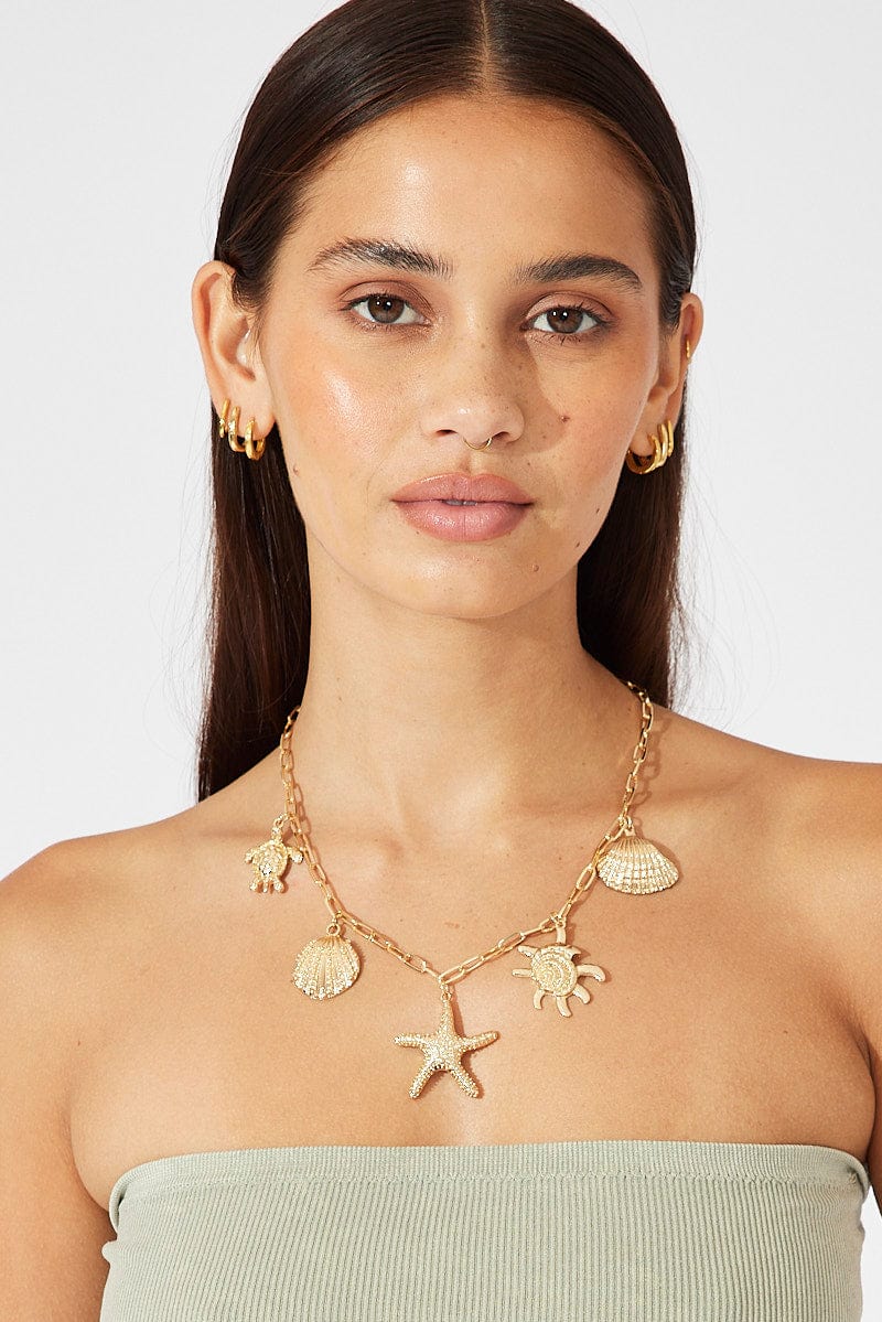 Gold Starfish And Shell Necklace
