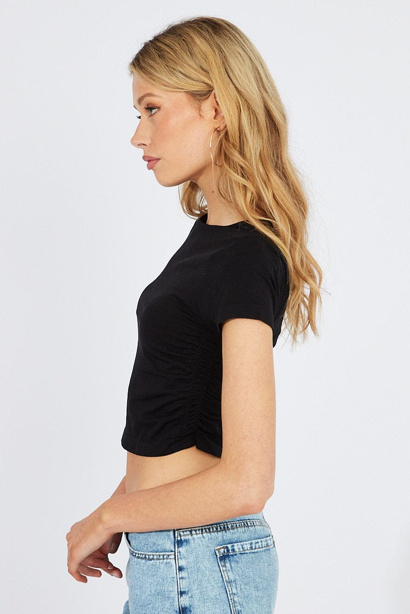 Black T Shirt Short Sleeve Crew Neck Ruched Seamless