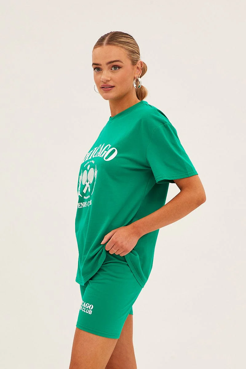 Green Graphic T And Biker Shorts Set