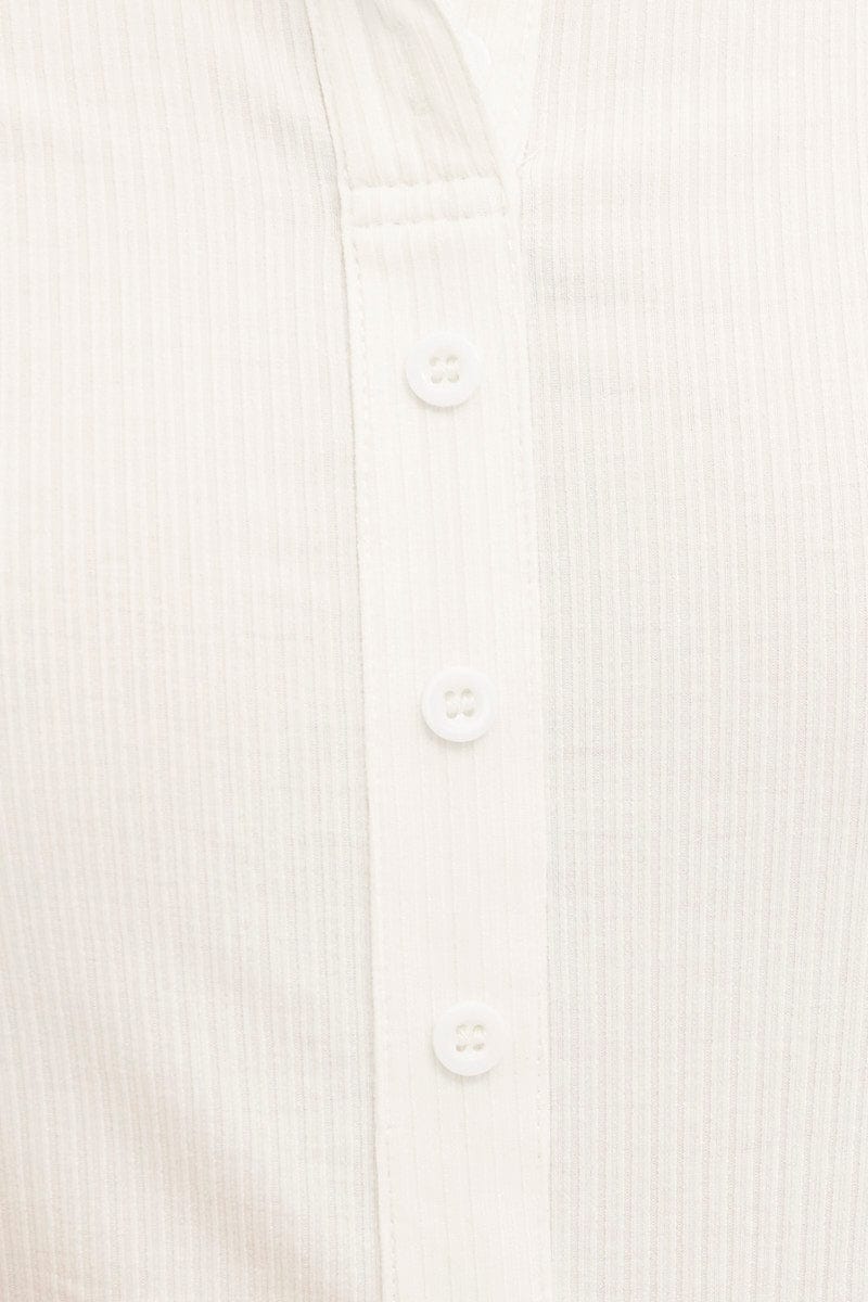 White Collared Top Short Sleeve Button Up Rib Jersey