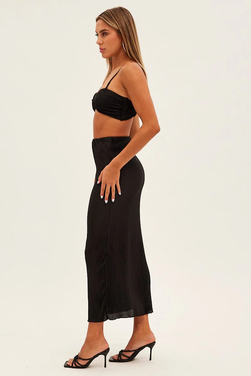 Black Plisse Skirt Maxi High Rise