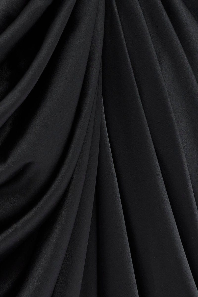 Black Satin Draped Strappy Midi Dress