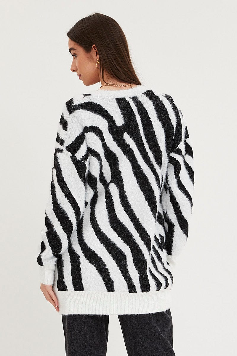 Print Knit Cardigan Long Sleeve Longline