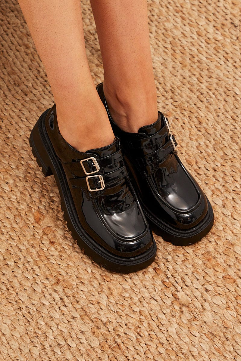 Black Buckle Detail Chunky Sole Loafers
