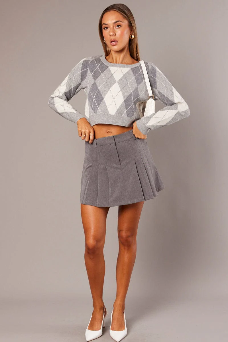 Grey Check Knit Jumper Long Sleeve Argyle