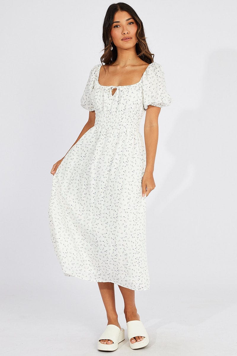 White Ditsy Midi Dress Puff Sleeve