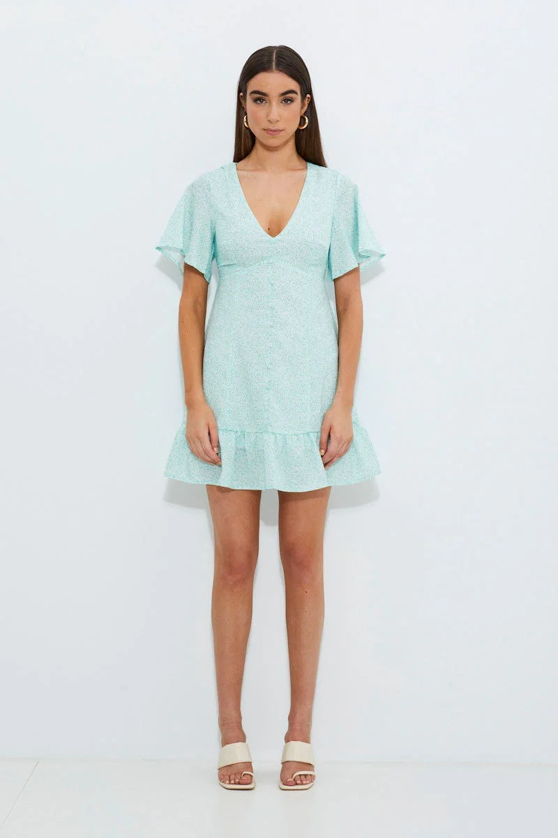 Print Print Bell Sleeve Frill Hem Dress