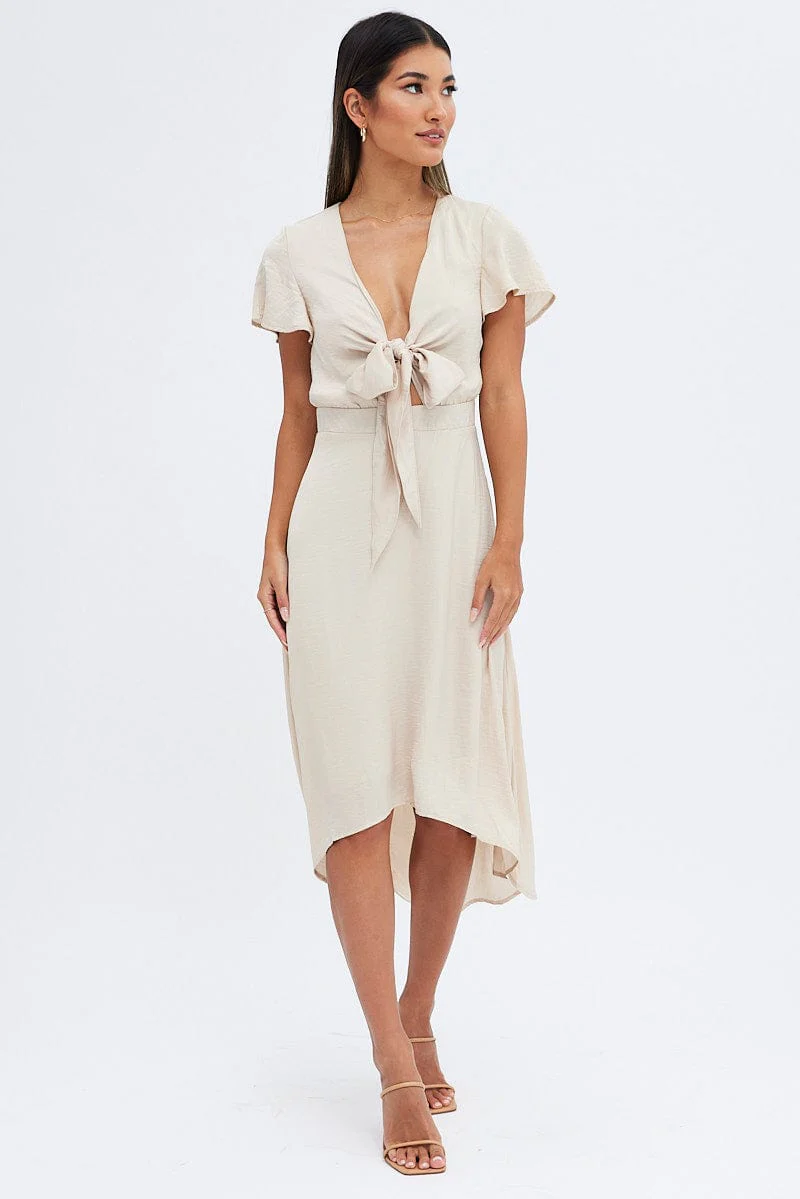Beige Midi Dress Short Sleeve Tie Back Satin