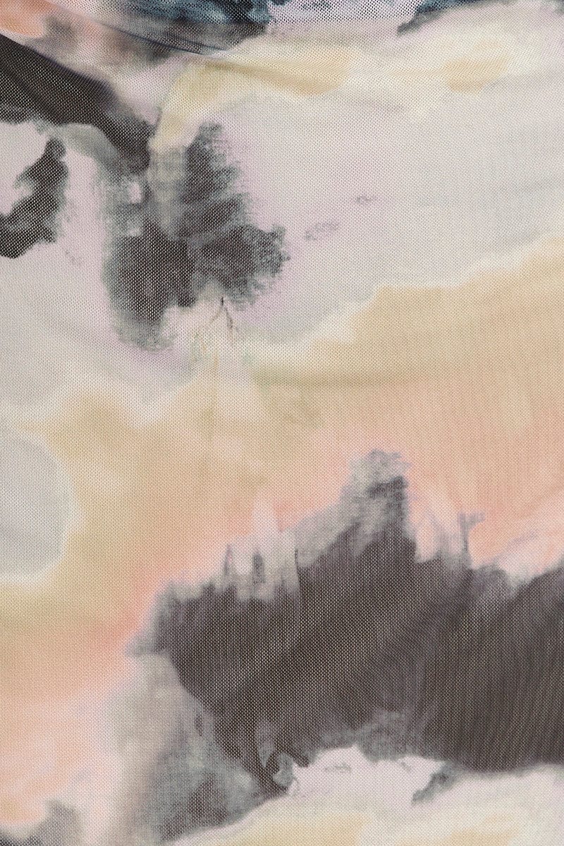 Brown Abstract Midi Dress Short Sleeve Bodycon Mesh