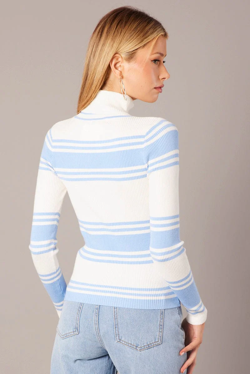 Blue Stripe Knit Top Long Sleeve High Neck
